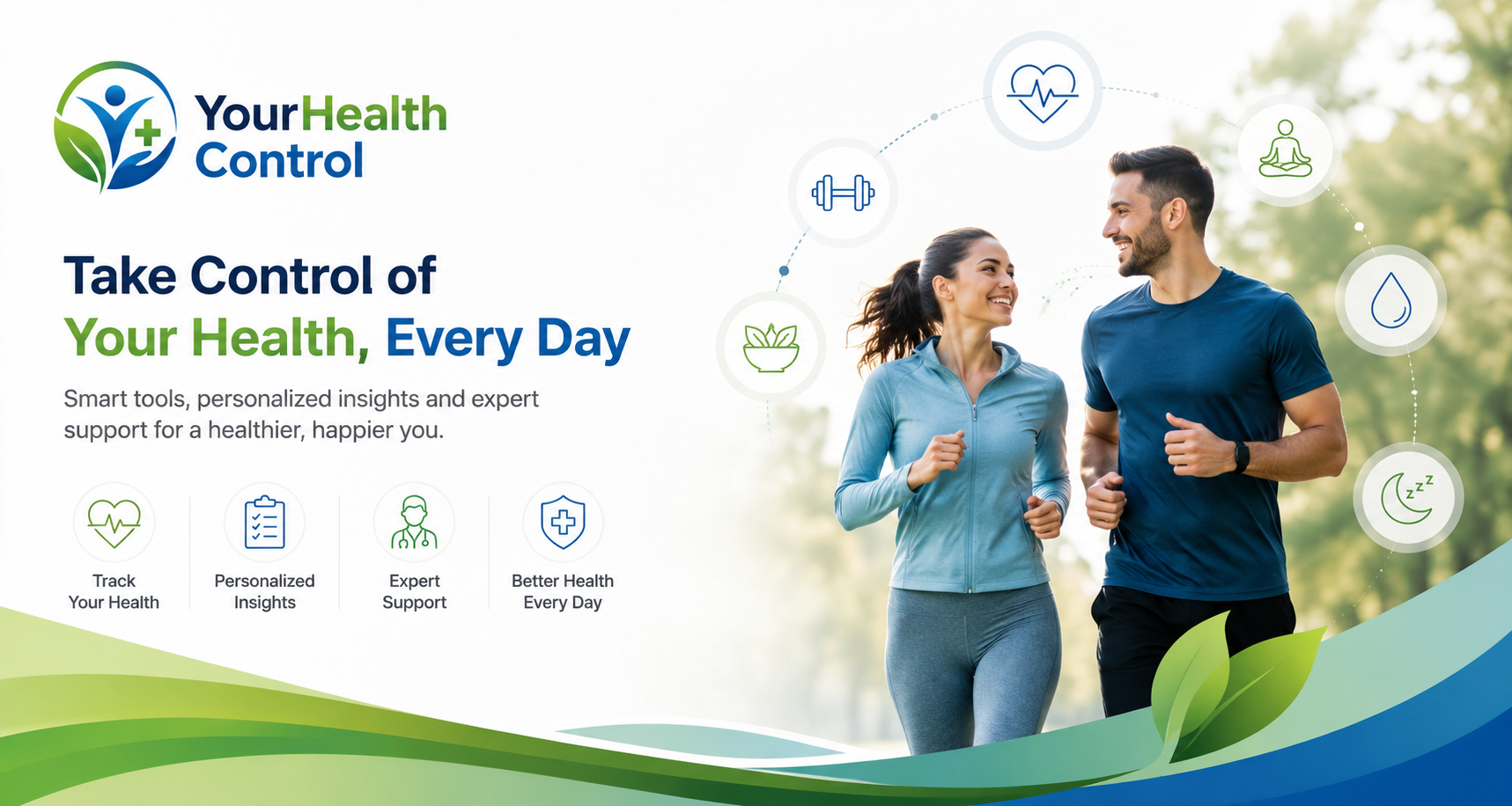 A woman and a man jogging outdoors together, smiling, surrounded by icons for fitness, heart health, nutrition and sleep.