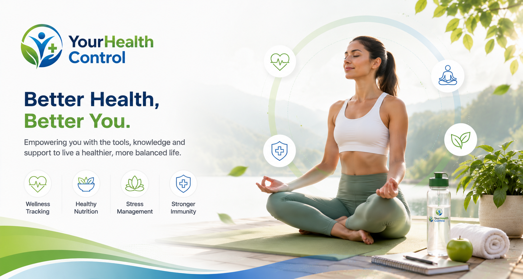 A woman sitting cross-legged on a mat by the water, meditating with her eyes closed, surrounded by icons for wellness and mindfulness.